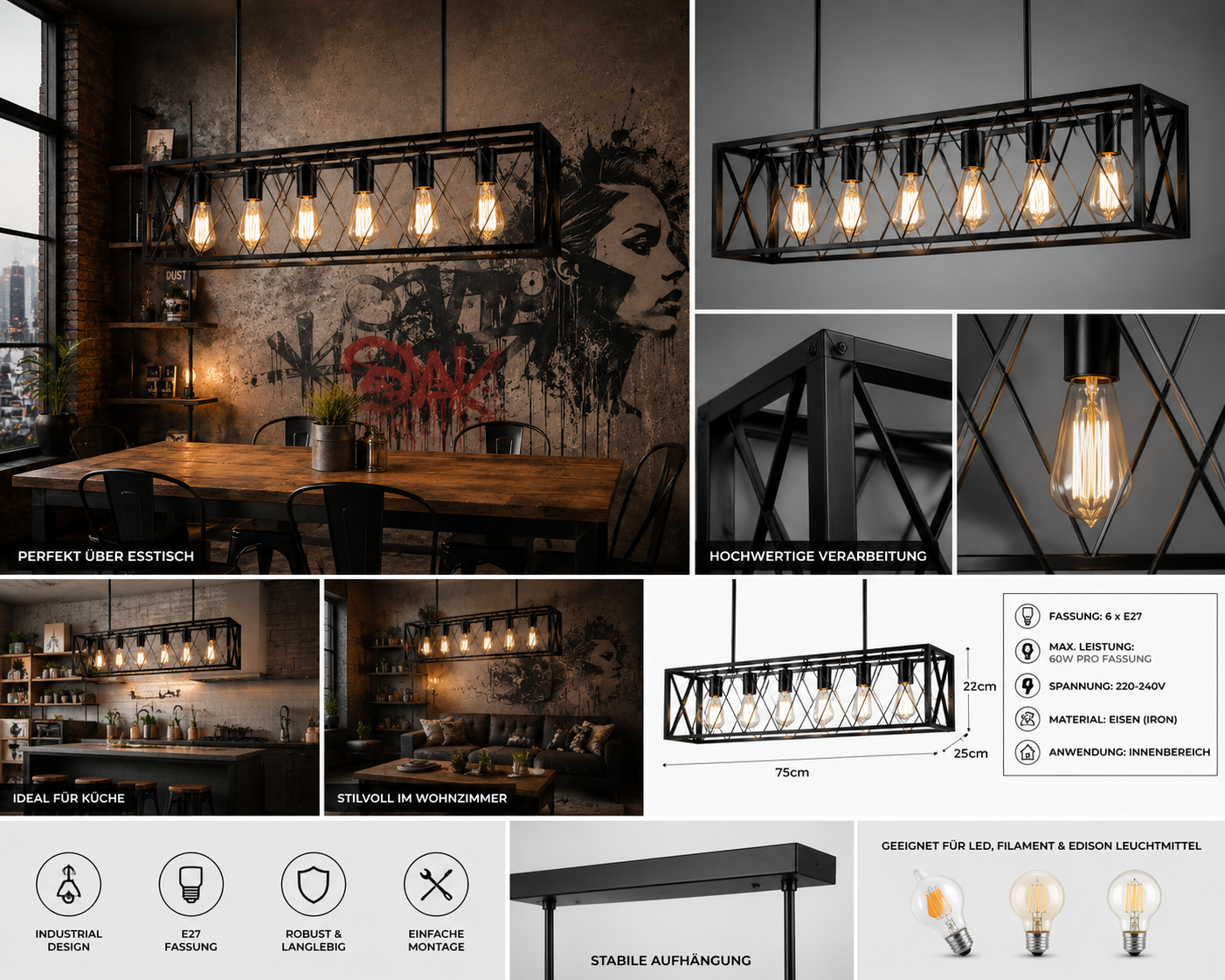 Industrial Loft Pendelleuchte 6-flammig