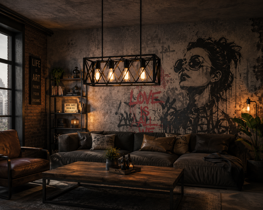 Industrial Pendelleuchte 4-flammig aus Eisen über Holztisch im Loft-Wohnzimmer