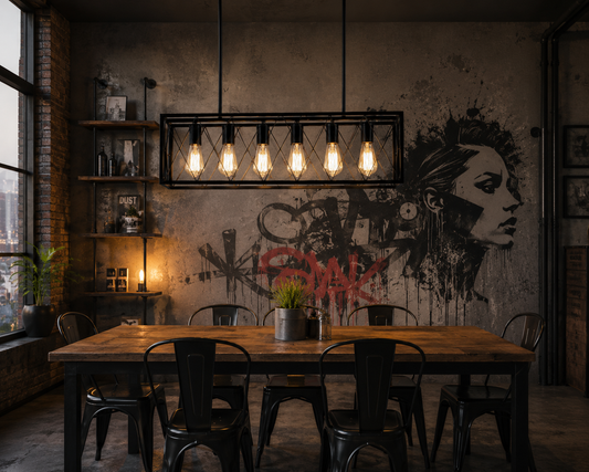 Industrial Pendelleuchte 6-flammig aus Eisen über Holz-Esstisch im Loft-Stil