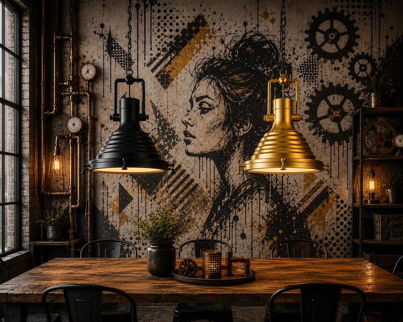 Industrial Pendelleuchten aus Schmiedeeisen in Schwarz und Gold über einem Holztisch im Loft-Wohnstil mit Steampunk- und Streetart-Hintergrund.