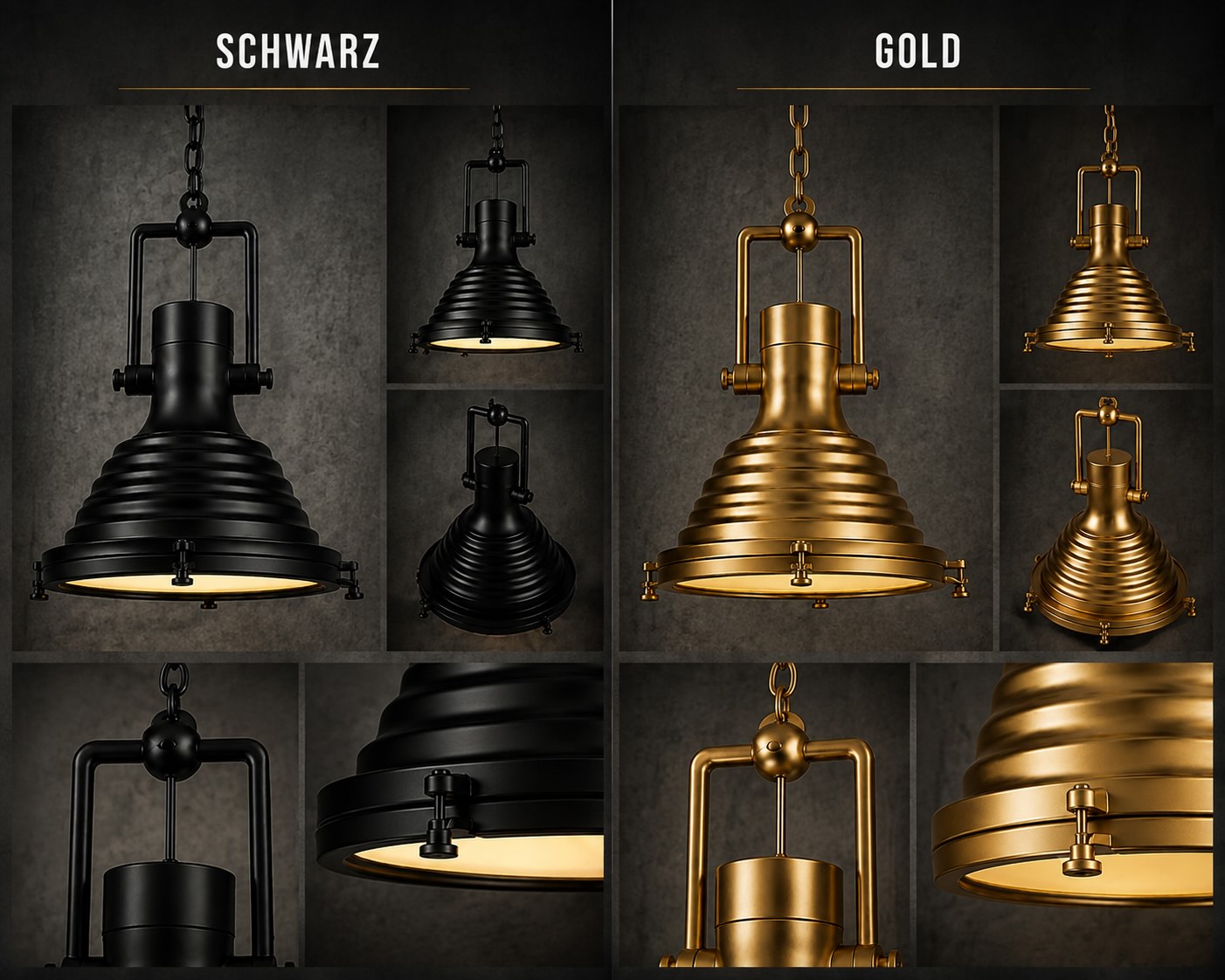 Industrial Pendelleuchte aus Schmiedeeisen in Schwarz und Gold mit Detailansichten und verschiedenen Perspektiven der Loft-Hängeleuchte mit E14-Fassung.